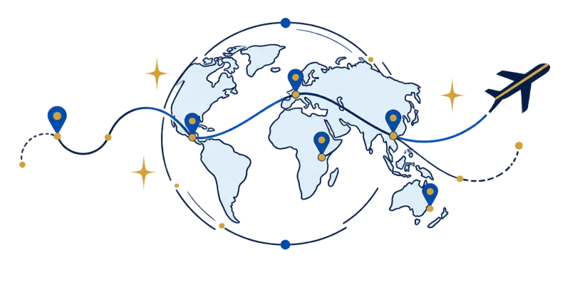 Ilustración lineal de rutas y destinos conectados para los beneficios de FREEVIA